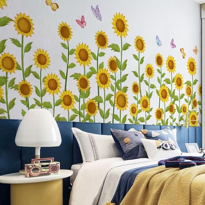 12x36 Inch Set - Sunflower Themed Floral Wall Decals for Decor, Self Adhesive Vinyl for Home Decor for Nursery, Home- Gift for Christmas, Thanksgiving (Floral Design #2)