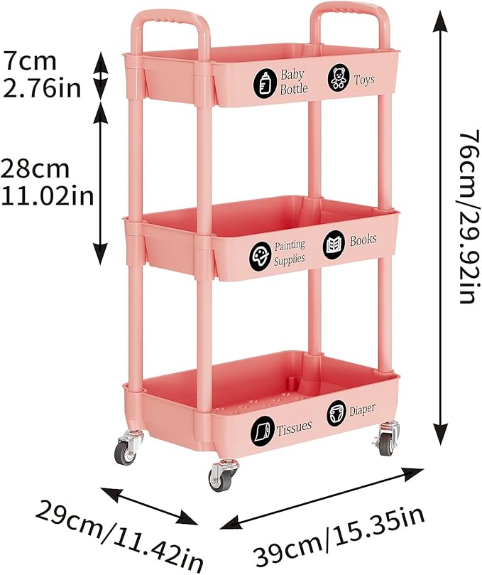 Laiensia 3-Tier Rolling Cart with Wheels,Multifunction Utility Storage carts, Kitchen Storage Organizer,Mobile Shelving Unit for Bathroom,Laundry,with Classified Stickers,Pink