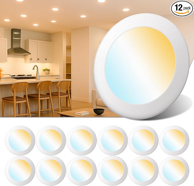 6 Inch LED Disk Lights, Flush Mount Ceiling Lights, Disc Light, 2700K 3000K 3500K 4000K 5000K 5CCT Selectable, Recessed Can Light, CRI90+, 14.8W 1150LM, UL/FCC/Energy Star Certified(12 Pack)