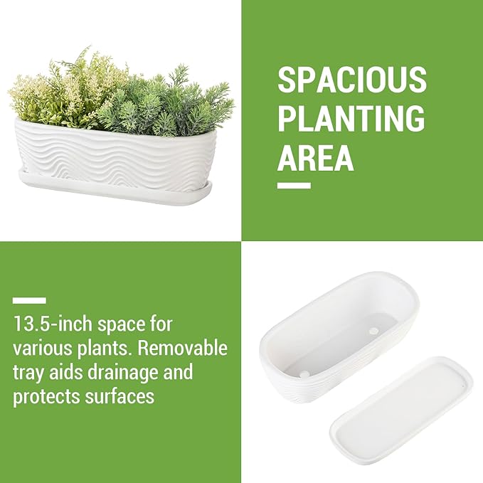 MyGift 13.5 inch Succulent Planter Pot, Oval Modern Ceramic Plant Box Container with Wave Textured Pattern and Removable Saucer Drip Tray (White)