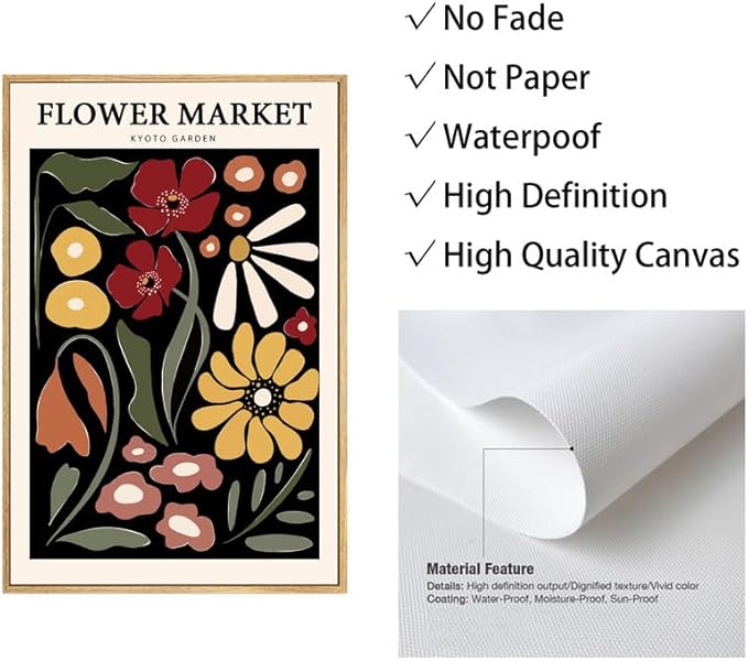 Gufro Framed Red & Yellow Flower Market Canvas Wall Art,Flower Wall Art, Flower Poster Vintage for Living Room Bedroom office Decoration-12''x16''Natural Framed