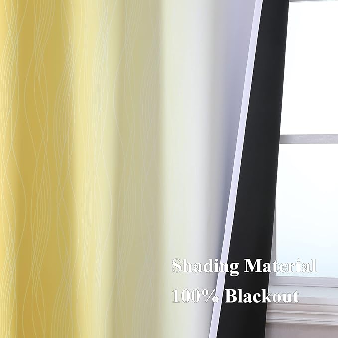Estelar Textiler Yellow and Greyish White Blackout Curtains for Boys Bedroom, Thermal Insulated Ombre Blackout Drapes, Room Darkening Energy Saving Curtains for Living Room, 42Wx63L, 2 Panels