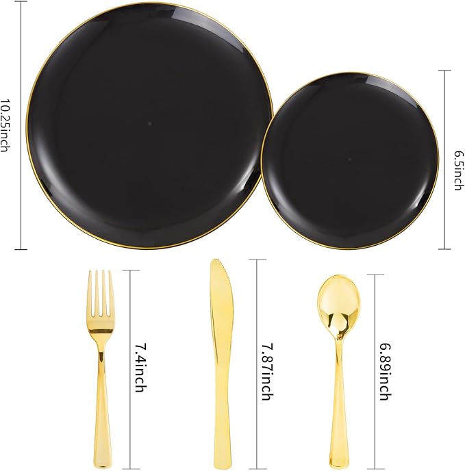 YOUBET 125PCS Black and Gold Plastic Plates - Black Disposable Plates With Gold Rim - Includes 25 Dinner Plates, 25 Dessert Plates, 75 Gold Cutlery for Wedding & Birthday Party Halloween