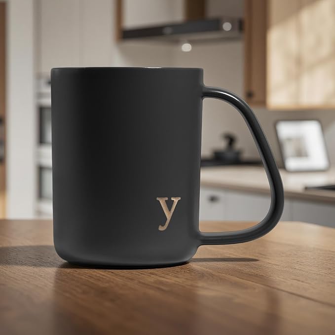 COLLECTIVE HOME - Ergonomic Handle Ceramic Mug, 15 oz Personalized Coffee Cup with Golden Initial, Microwave & Dishwasher Safe, Elegant Monogram Tea Mug in Gift Box for Home & Office (Black-y)