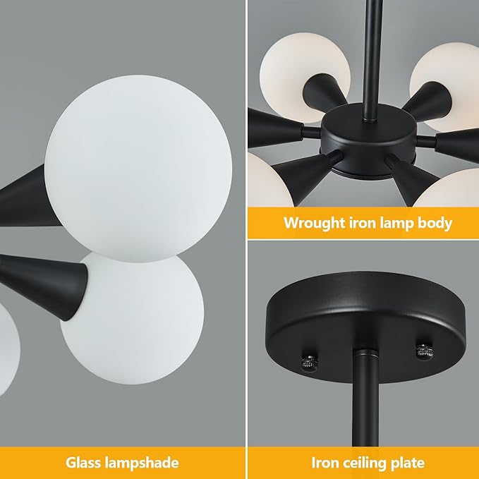 Modern Ceiling Light with Milk White Glass lampshade Black Semi Flush Mount Ceiling Light Fixture Sputnik Chandelier for Bedroom Living Room Dining Room Foyer Hallway(6-Lights)