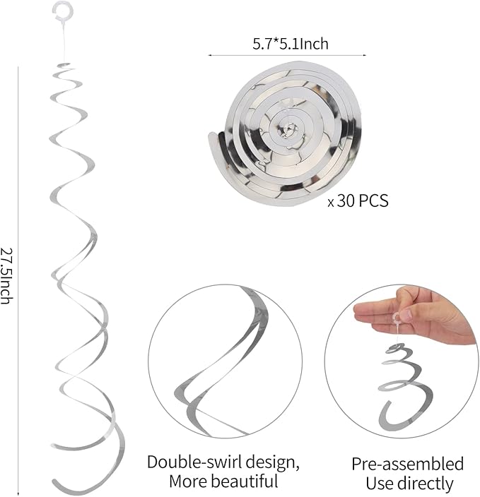 30 Pieces Silver Party Swirl Decorations Foil Swirl Hanging Decoration Plastic Streamer for Ceiling, Whirls Decorations for Birthday Wedding Anniversary Party Decorations