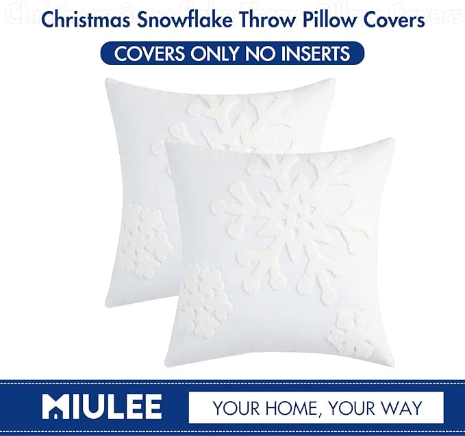 MIULEE Pack of 2 Christmas Decorative Snowflake Throw Pillow Covers Canvas Embroidery Winter Cushion Cases Holiday Decor Soft Pillowcases for Winter Couch Sofa Bedroom Car(White, 18x18in)