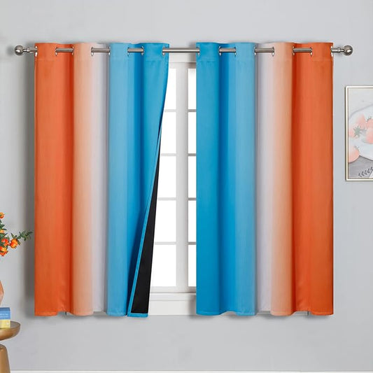 Ombre Orange and Blue Blackout Curtains 45 Inch Length 2 panels, Full Room Darkening Curtains for Bedroom, Thermal Insulated Gradient Drapes, Full Light Blocking Curtains with Grommet, 52x45 Inch