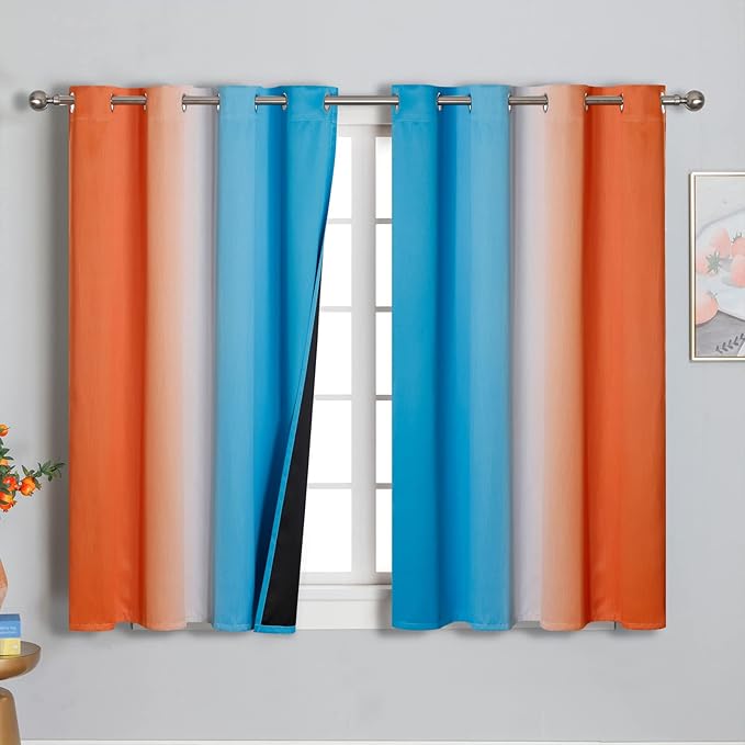 Ombre Orange and Blue Blackout Curtains 54 Inch Length 2 panels, Full Room Darkening Curtains for Bedroom, Thermal Insulated Gradient Drapes, Full Light Blocking Curtains with Grommet, 52x54 Inch