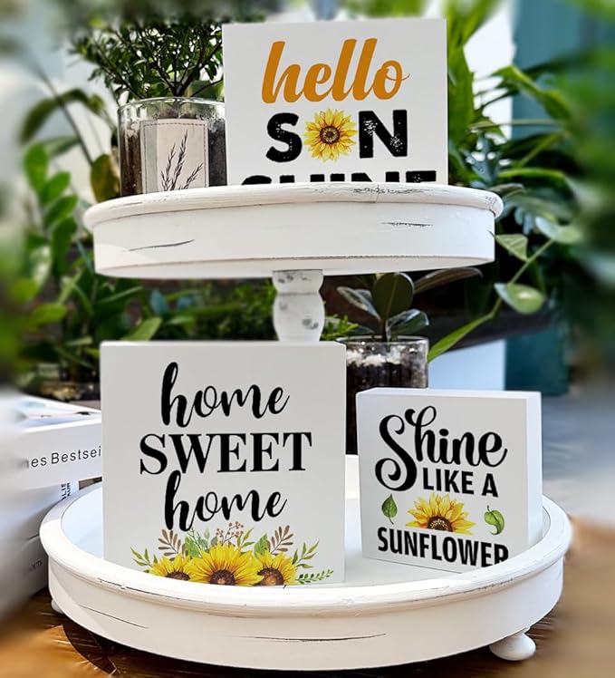 Summer Sunflower Decor for Home Farmhouse Sunflowers Tiered Tray Decor 3 Pcs Wood Decorative Signs Rustic Table Desk Shelf Home Decoration