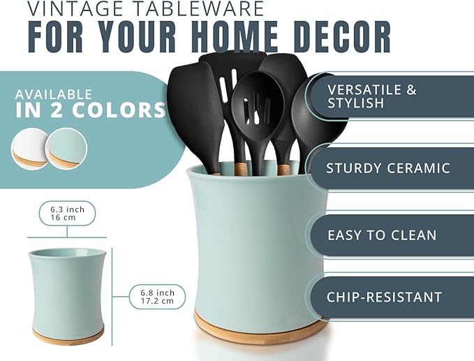 Comfify Large Ceramic Kitchen Utensil Holder with Bamboo Base - Modern Utensil Crock for Countertop Organization - Kitchen Counter Organizer for Cooking Tools, Spatulas, Spoons & More - Blue Ceramic