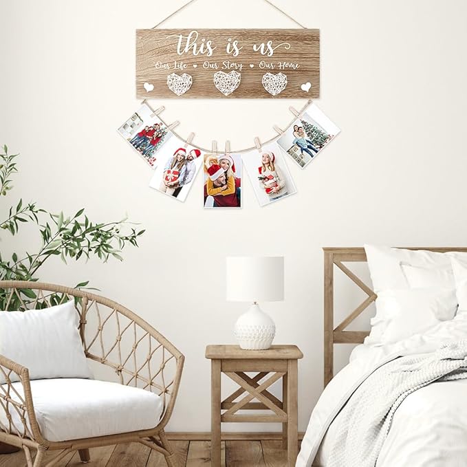 AKEROCK Couples Christmas Gifts, This Is Us Wall Decor, Rustic Wooden Hanging Christmas Picture Frame - Christmas Gift for Couples, Family, Housewarming, Home, Wedding - Natural