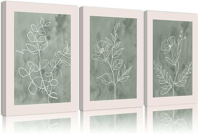 3Pcs Sage Green Botanical Wall Art Line Drawing Floral Canvas Poster Prints Modern Abstract Minimalist Picture Neutral Boho Artwork Simple Painting Wall Decor for Living Room Bedroom 16X24in Framed