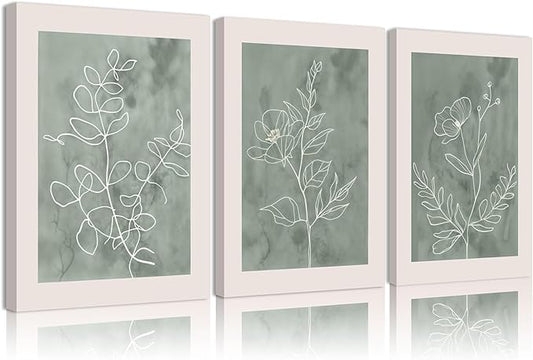 3Pcs Sage Green Botanical Wall Art Line Drawing Floral Canvas Poster Prints Modern Abstract Minimalist Picture Neutral Boho Artwork Simple Painting Wall Decor for Living Room Bedroom 16X24in Framed