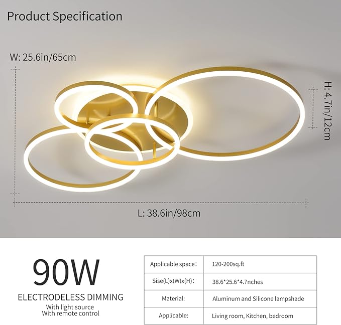 Modern LED Ceiling Light 90W Dimmable Ceiling Light Fixture with Remote Control 5 Rings Flush Mount Ceiling Light Gold Acrylic Chandelier LED for Living Room Bedroom Kitchen Light fixtures(4+1G01)