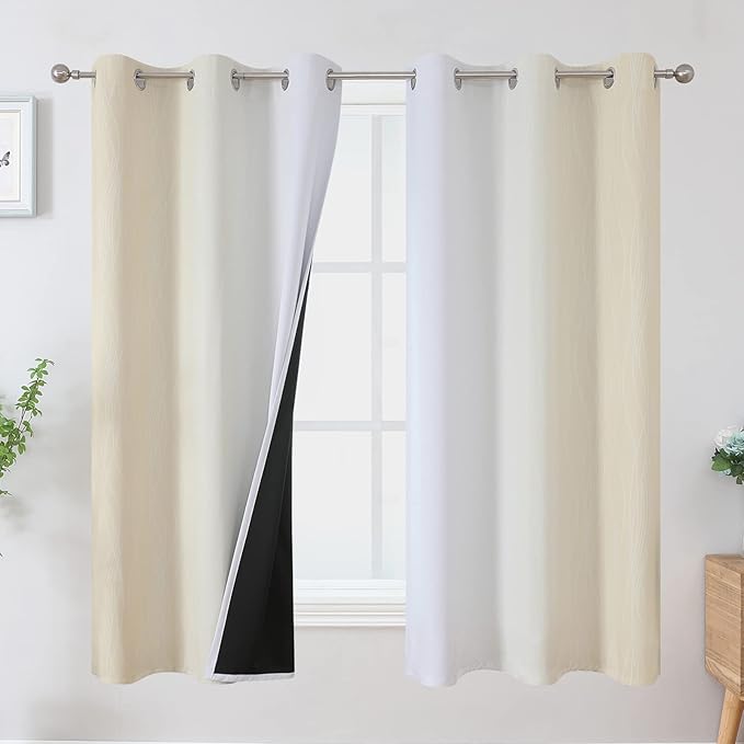 Estelar Textiler Beige and Greyish White Ombre Blackout Curtains 63 Inches Length 2 Panels Set for Bedroom, Thermal Insulated Full Light Blocking Grommet Gradient Drapes for Living Room, 42Wx63L