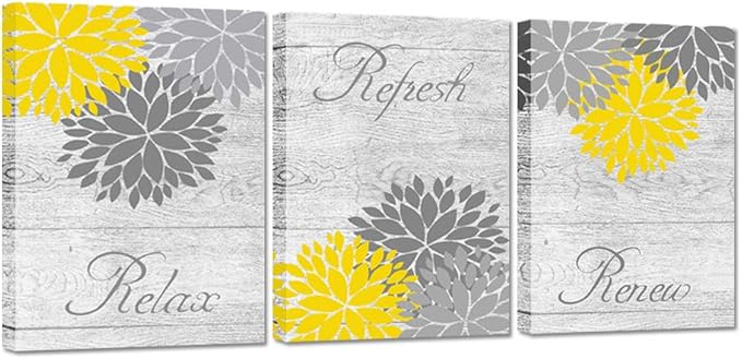 Zlove Yellow and Grey Bathroom Decor, Dahlia Flower Pictures Wall Art - Relax Refresh Renew Bathroom Pictures Wall Decor, 12"X16", 3Pcs