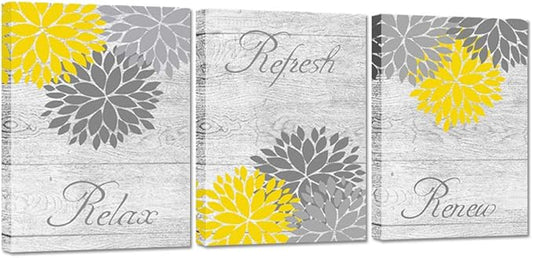 Zlove Yellow and Grey Bathroom Decor, Dahlia Flower Pictures Wall Art - Relax Refresh Renew Bathroom Pictures Wall Decor, 12"X16", 3Pcs