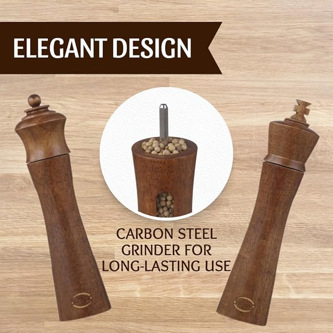 King & Queen Chess Piece Salt and Pepper Grinder, Set of 2 Manual Salt and Pepper Mill, Refillable Black Pepper Grinder, Kitchen Decor, Essential Kitchen Gift for Chess Enthusiasts (9 Inch)