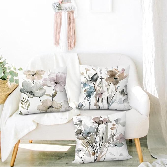 COMMINY Brown White Grey Pillow Covers 18x18 Set of 6 Flower Throw Pillow Cover for Couch Modern Decorative Watercolor Floral Cushion Cover for Sofa Bedroom Living Room Farmhouse Home Decor