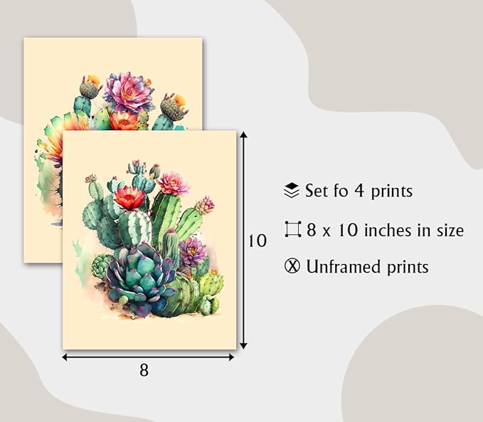 Mexican Cactus Canvas Wall Art,Mexican Cactus Posters,Cactus Wall Art Succulent Bathroom Decor Watercolor Green Plants Canvas Prints for Room Office Home Decor Set of 4 (8"x10"Unframed)