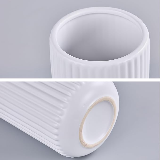 White Ceramic Flower Vase for Pampas Grass, 8 inch Small Decorative Centerpiece Ribbed Vase for Dining Table, Office Desktop, Shelf Bookshelf, Mantel, Entryway, Bathroom, Countertop, Farmhouse, Gift