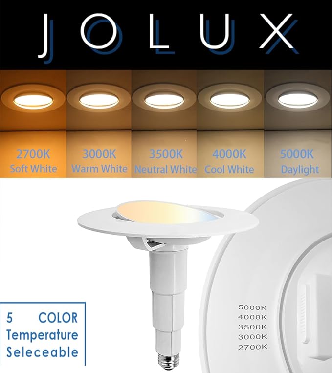 Jolux 4 Pack 5/6 Inch 5CCT LED Can Light Gimbal Retrofit Recessed Downlight, Adjustable Angle, Recessed Lighting CCTSelectable 2700K/3000K/3500K/4000K/5000K,12W=60W,800LM, Dimmable, E26 Base.