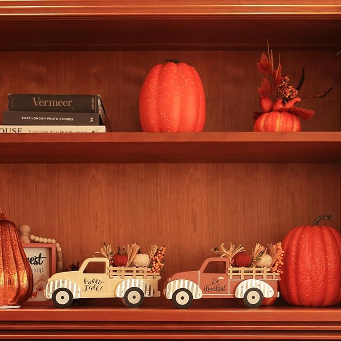 NEEDOMO Fall Decorations for Home, Large Size 2 Pack Wood Truck with Pumpkin Fall Decor, Decorative Wooden Truck Set for Room, Table, Tiered Tray, Mantel, Thanksgiving Decorations
