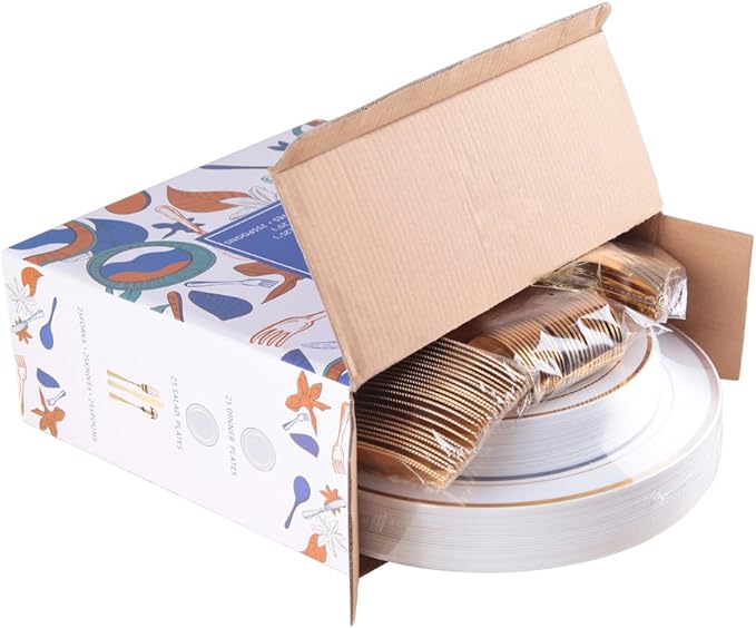 WDF-125 PCS Gold Plastic Plates - White And Gold Plastic Plates Include 25 Dinner Plate, 25 Salad Plate, 25 Forks, 25 Knives, 25 Spoons for Parties/wedding