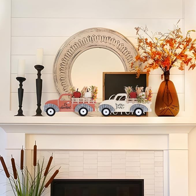 NEEDOMO Fall Decorations for Home, Large Size 2 Pack Wood Truck with Pumpkin Fall Decor, Decorative Wooden Truck Set for Room, Table, Tiered Tray, Mantel, Thanksgiving Decorations