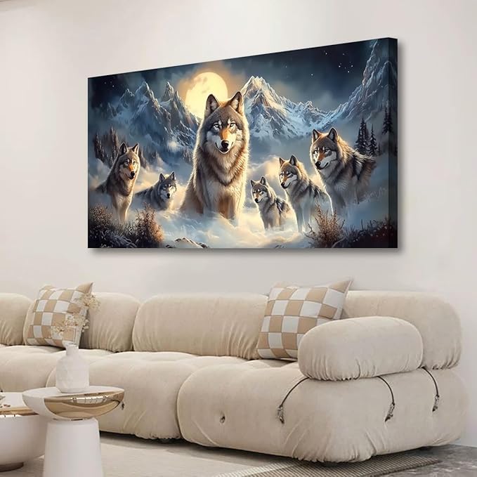 Wolf Pack Pictures Canvas Wall Art for Living room Office Bedroom Wall Decor, Moon Wall Art Print Paintings Modern The Wolf Gray Zoon Artwork Waterproof Ready to Hang-20x40inch