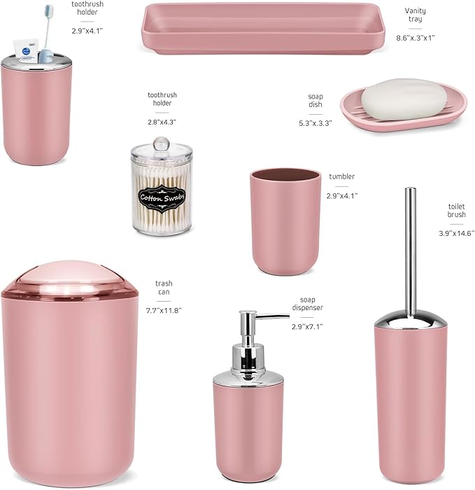 IMAVO Bathroom Accessories Set,Pink Bathroom Set,9 Pieces Bathroom Accessory Set,Tray,Qtip Holders,Toilet Brush,Trash Can for Bathroom Décor and Home Gifts