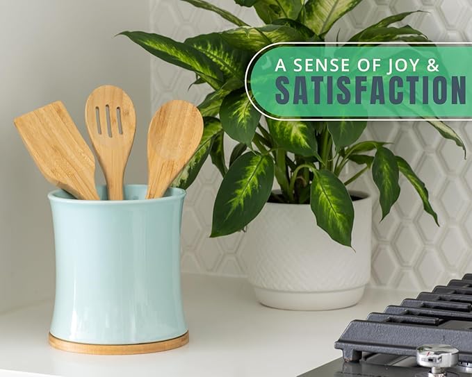 Comfify Large Ceramic Kitchen Utensil Holder with Bamboo Base - Modern Utensil Crock for Countertop Organization - Kitchen Counter Organizer for Cooking Tools, Spatulas, Spoons & More - Blue Ceramic
