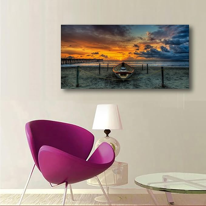 Beach Themed Wall Art Canvas Prints Seascape Poster Bathroom Décor Boat Ocean Sunset Landscape Paintings for Bedroom Dining Room Home Kitchen Decorations Natural Artwork 24x48 Picture Wooden Frames