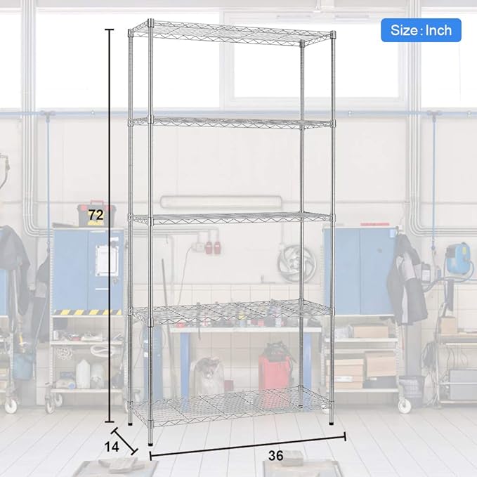 PayLessHere | 5-Tier Wire Shelf | 36"x14"x72" | Chrome | Adjustable Racks | Heavy-Duty Storage Shelves, Holds Upto 1250 lbs | Rust-Resistant, No-Tool Assembly | for Home, Garage Shelving