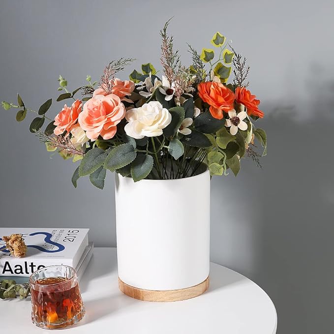 Sweejar Kitchen Utensil Holder with Wooden Bottom, 8.2" Ceramic Utensil Crock to Hold Spatulas for Cooking Countertop, Housewarming, Wedding, Birthday Gift (White)