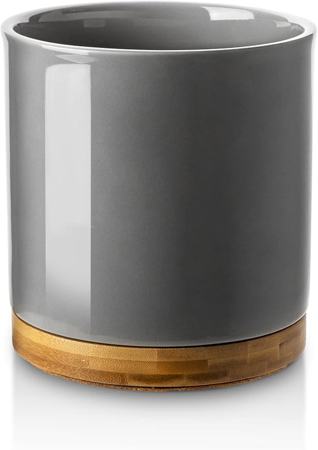 Nucookery 360° Rotating Utensil Holder, 7.2" Large Utensil Crock, White Ceramic Cooking Utensil Organizer with Countertop-Protection Cork Bottom for Farmhouse Kitchen Decor Gift (Gray)