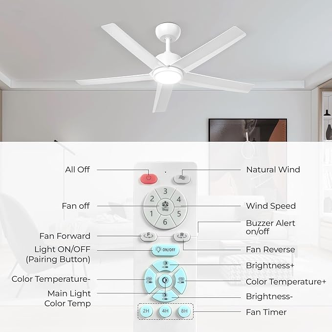 ocioc 44 Inch Ceiling Fans with Lights and Remote,Reversible Quiet DC Motor,Dimmable,Stepless Color Temperatures,Modern White Ceiling Fan for Bedroom,Living Room,Dining Room