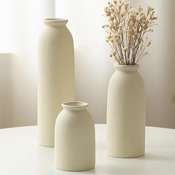 10.4 inches Tall Decorative Ceramic Vase Set, 3 Pieces, Nordic Modern Boho Style, White, for Home Decor (Beige)