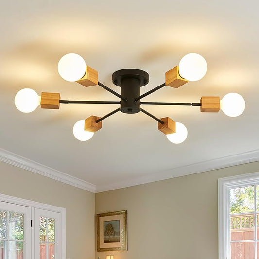 Semi Flush Mount Wood Ceiling Light Fixture 6-Lights Rustic Wooden Sputnik Chandelier Farmhouse Ceiling Lighting Oak and Black with E26 for Dining Room Bedroom Kitchen Lighting Fixture.