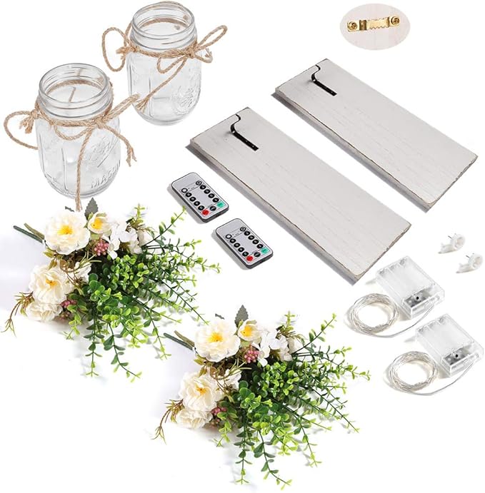 Rustic Wall Sconces Mason Jar Sconces Handmade Wall Art Hanging Design with Remote Control LED Fairy Lights and White Peony, Christmas Decor Gifts Farmhouse Home Decor Living Room Lights Set of Two