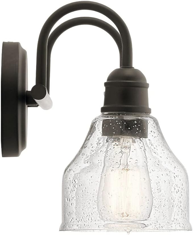 KICHLER Avery 15" Bathroom Vanity Industrial 2 Light Wall Fixture with Clear Seeded Glass in Black, for Bathroom (8.25" x 15" x 9.5") 45972BK