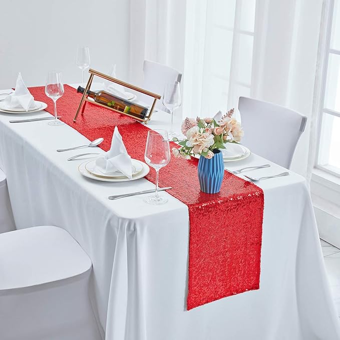 10 Packs 12 x 108 inches Red Sequin Table Runner, Glitter Red Table Runner for Wedding Birthday Bachelorette Holiday Party Supplies Decorations Bridal Shower Baby Shower
