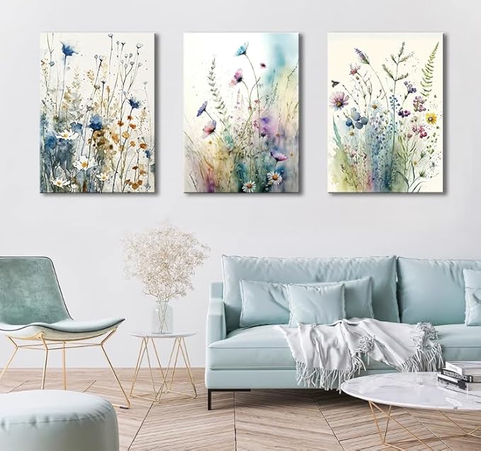 dgbtcart Colorful Flower Canvas Wall Art Set, Watercolor Daisy Floral Wall Decor, Wildflower Plant Wall Painting, Multicolour Botanical Art Print for Living Room Girls Bedroom Bathroom - 16"x24"x3pcs