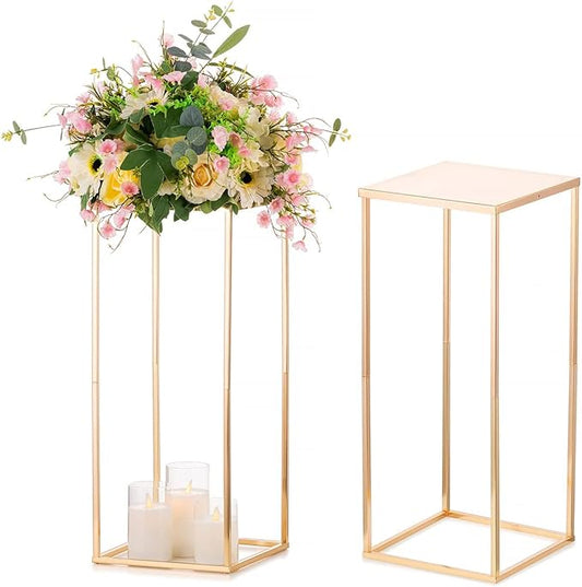 Sziqiqi Wedding Centerpieces Vase For Tables With Plates - 2 Pcs Metal Column Geometric Flower Stand 23.6in Gold Flower Display Rack Decorations For T-Stage Reception Party Fiesta Event Home Christmas