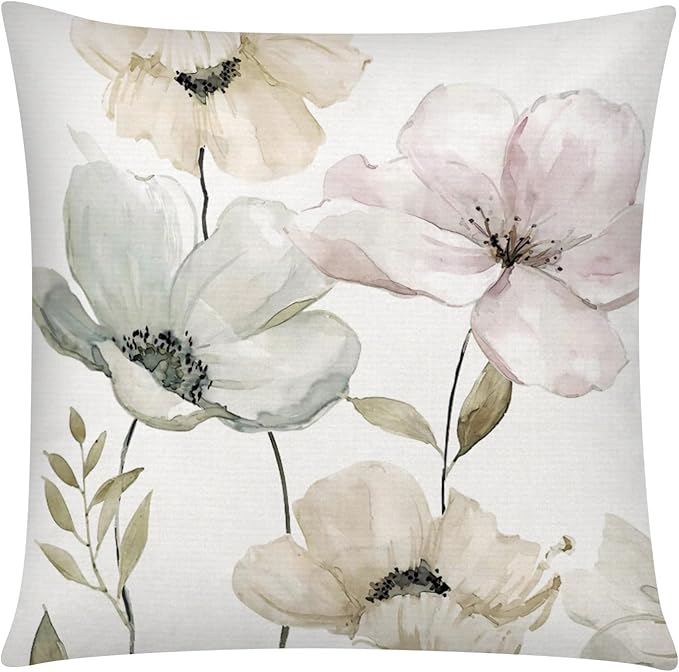 COMMINY Brown White Grey Pillow Covers 18x18 Set of 6 Flower Throw Pillow Cover for Couch Modern Decorative Watercolor Floral Cushion Cover for Sofa Bedroom Living Room Farmhouse Home Decor