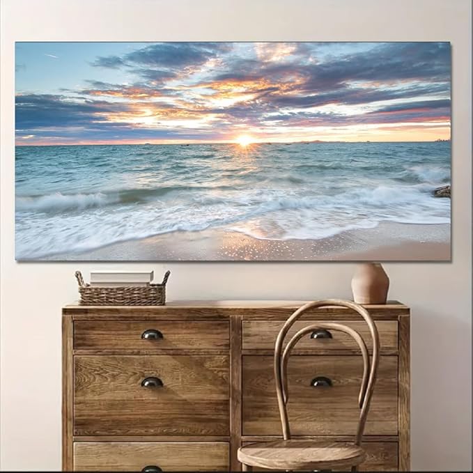 Yxbhhym-Large Canvas Wall Art Beach Artwork for Walls Coastal Wall Décor Seascape Prints Ocean Painting Sunset Picture Waves Sea Landscape Poster Bedroom Wall Art Living Room Office Decorations
