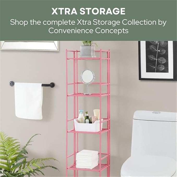 Convenience Concepts Xtra Storage Shelves - 5-Tier Folding Metal Storage Shelves, Closet Organizer for Office, Laundry Room, Bedroom, Garage, Kitchen, Bathroom, Pink