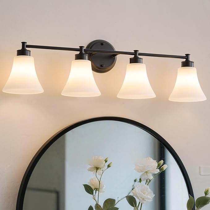 LOUSACE 4 Light Bathroom Vanity Light Matte Black Bathroom Lighting Fixtures Over Mirror with Opal White Frosted Glass Shade, Vintage Traditional Wall Lighting Fixture Vanity Lights for Bedroom