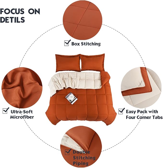HIG 3pc Burnt Orange Queen Size Comforter Set - All Season Reversible Down Alternative Comforter with Sham - Quilted Duvet Insert with Corner Tabs - Box Stitched - Breathable, Soft, Fluffy